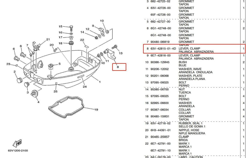 63V-42815 Lever Clamp For Yamaha Outboard Motor 2 stroke 9.9HP 15HP Parsun Hidea Seapro Hdx Top Cowling Use 63V-42815-01-4D